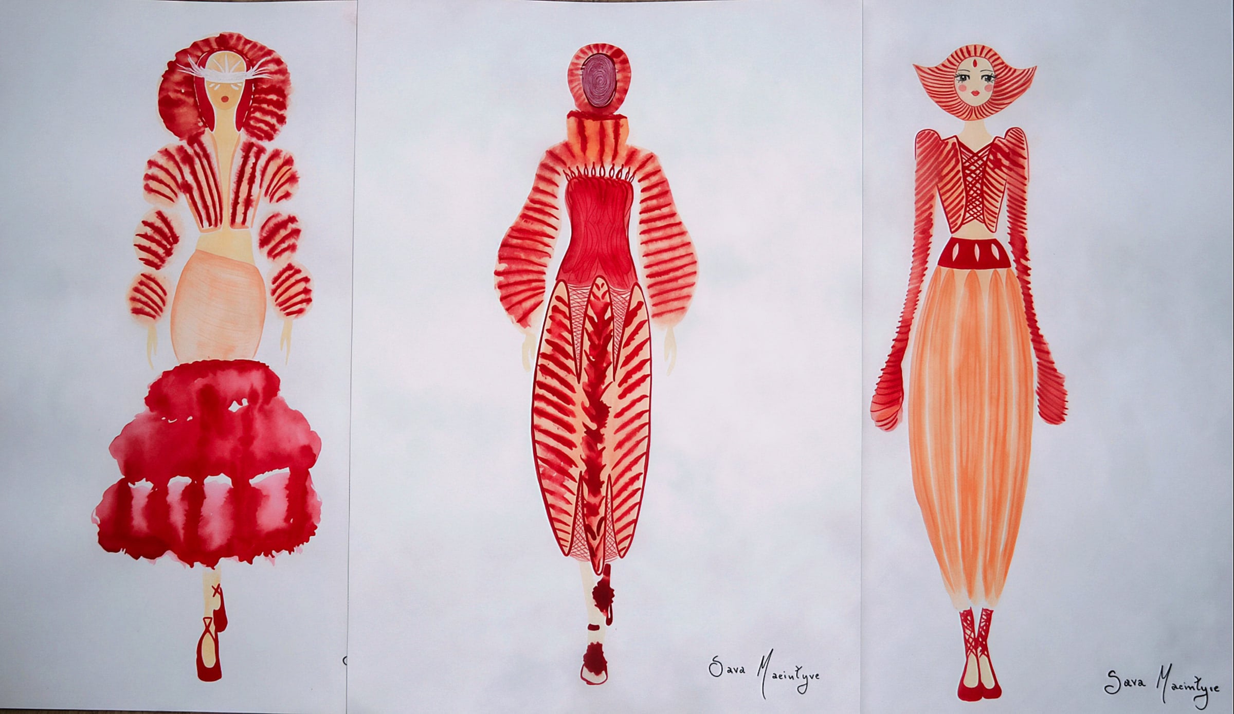Três croquis de moda em vermelho e tons claros, com estudos de silhuetas e volumes.
